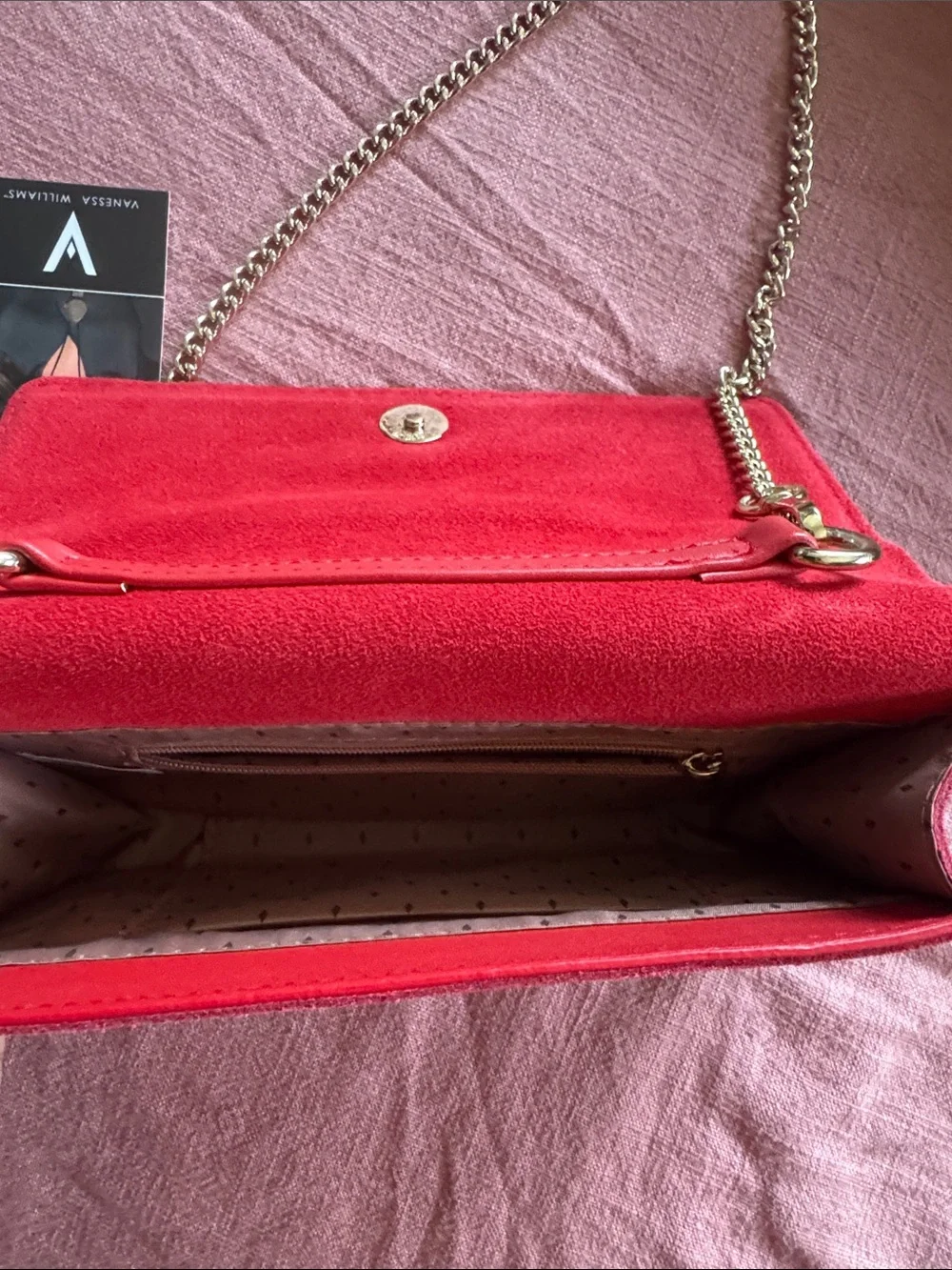 Vanessa Williams Red Suede Clutch with Gold Chain